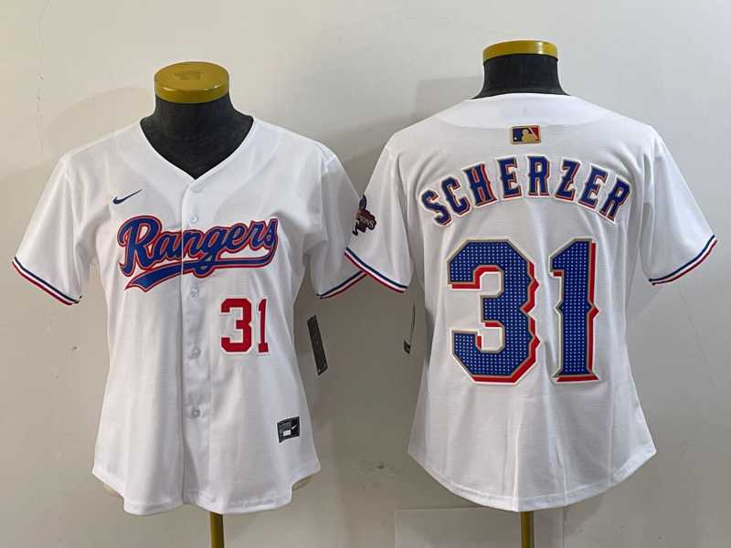 Womens Texas Rangers #31 Max Scherzer Number White 2024 Gold Collection Limited Cool Base Jersey